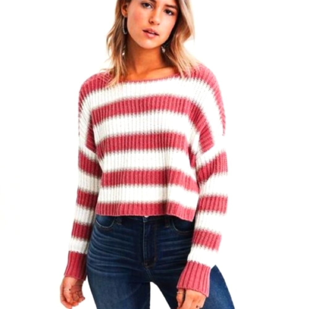 American Eagle Pink Cream Striped Knit Cropped Pullover‎ Sweater Preppy